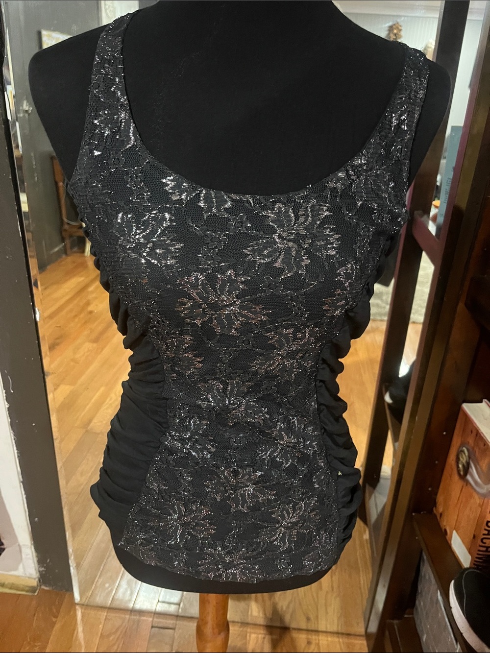 rave Black Lace-Overlay Ruched Tank with Subtle Silver Sheen